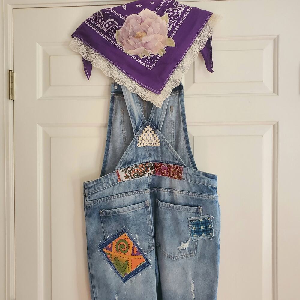 Refashioned Upcycled Patched and Distressed Boho‎ Overalls Handmade SzMed - Picture 8 of 13